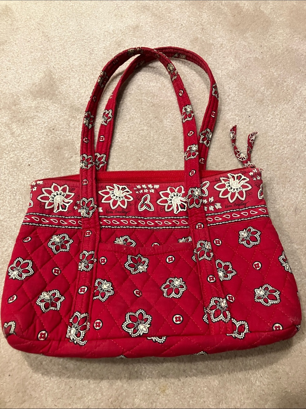 Quilted vintage Vera Bradley Red Floral Tote Bag - Quilted Fabric Shoulder Bag